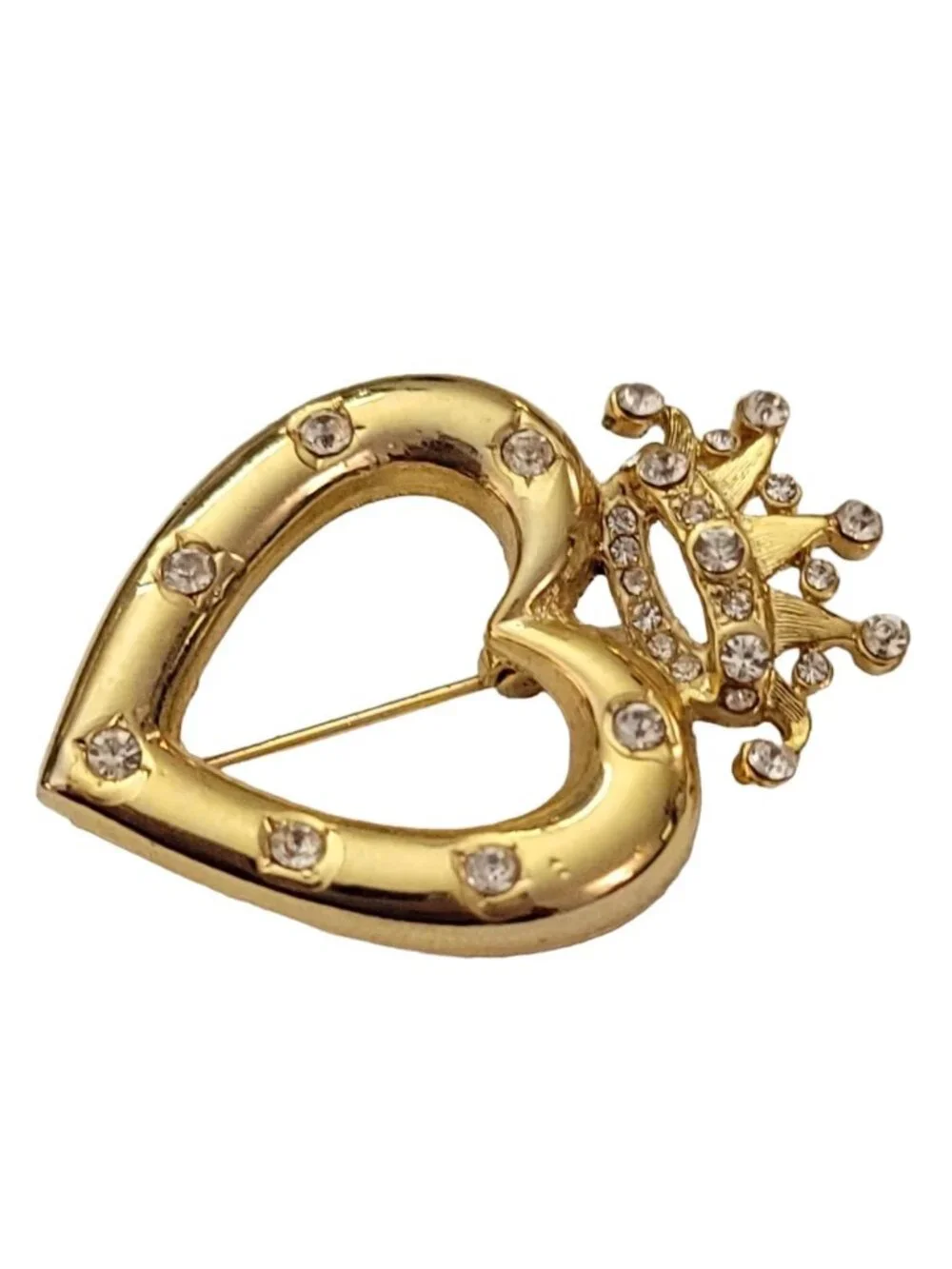 Gold Tone Heart Crown Clear Rhinestone Brooch Pin K830